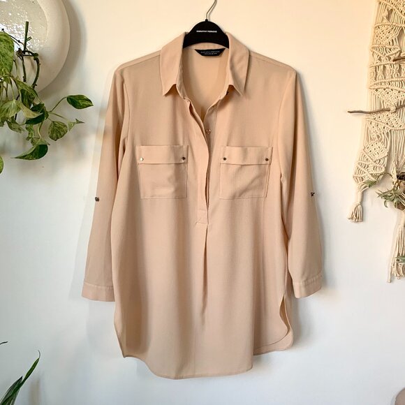 Dorothry Perkins Beige Collar ¾ Length Sleeve Blouse Corpcore Siren Minimalist - Picture 3 of 14
